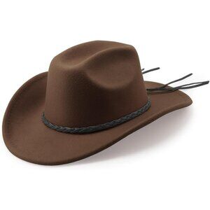 Women's Brown Western Braided Leather Band Buckle Classic Fedora Felt Cowboy Hat